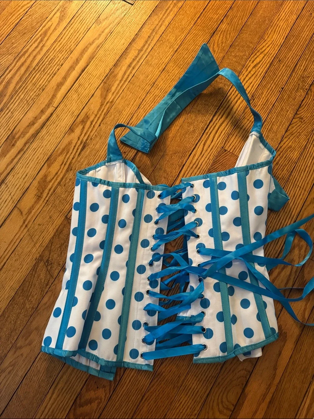 Corset story Blue Polka Dot Halter Corset Top size uk 12